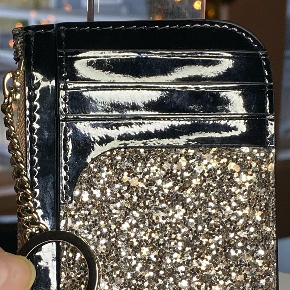 NEW! KATE SPADE Odette Wallet Gold Glitter Black Patent Leather L-Zip Keychain - Picture 7 of 13